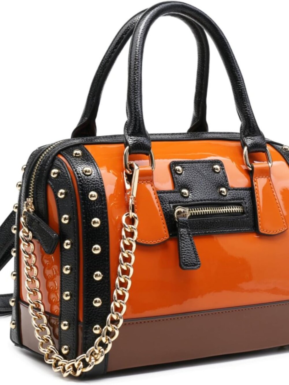 Women's Barrel Bag Shiny Patent Faux Leather Handbag with Rivet Decoration Top H